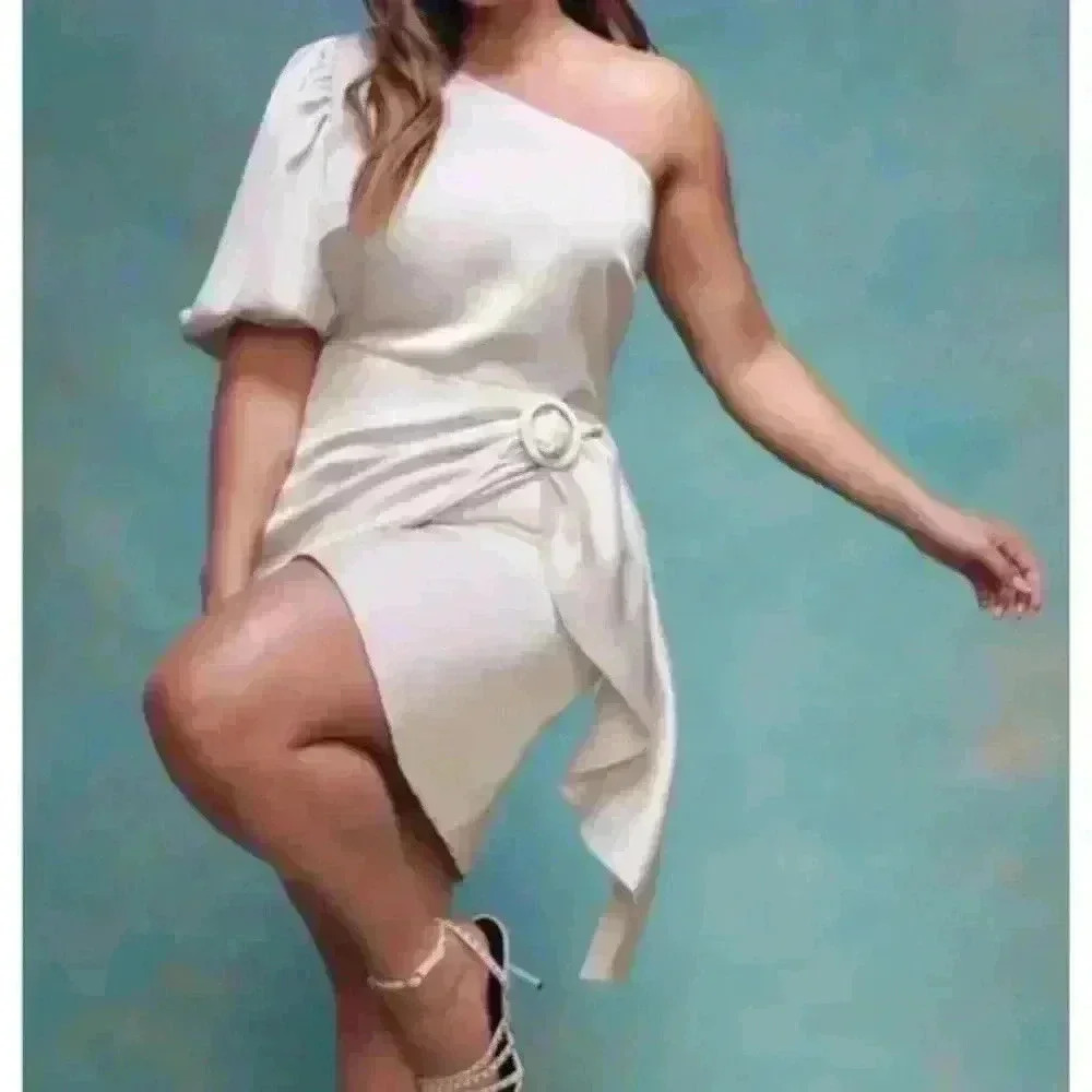 NWT‎ Eloquii Cream Ivory One Shoulder Cocktail Dress Womens Plus Size 26